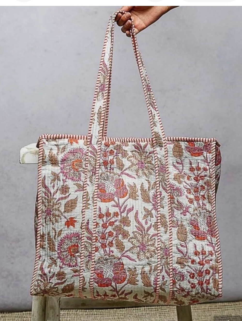 POL Floral Quilted Cotton Tote Shoulder Bag Cream, Tan, Pink Large